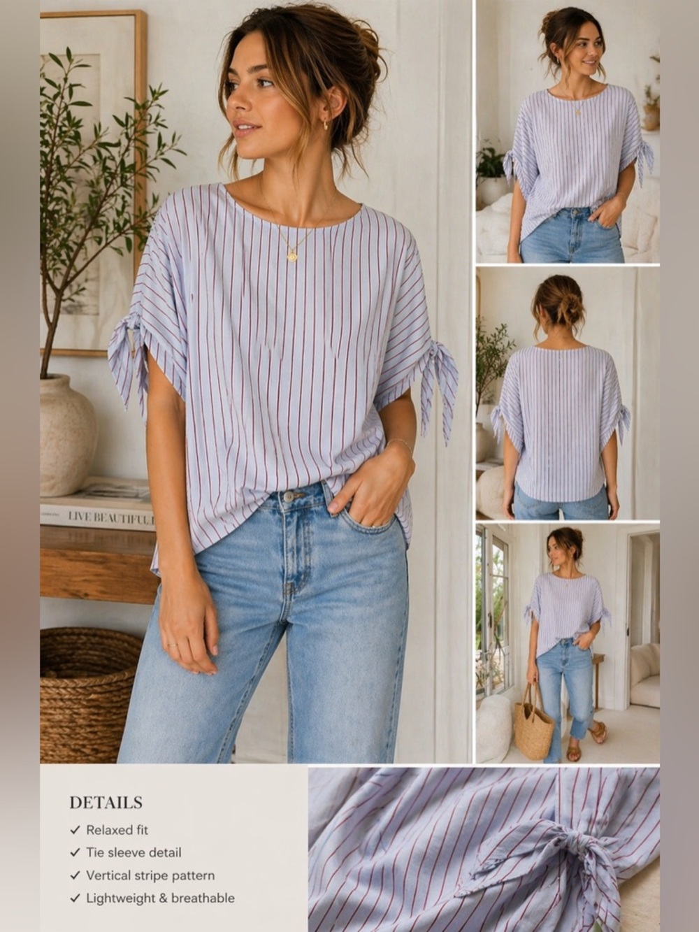 Cotton Stripe Blouse | Relaxed Peasant Tie Sleeve Top · Treasure & Bond